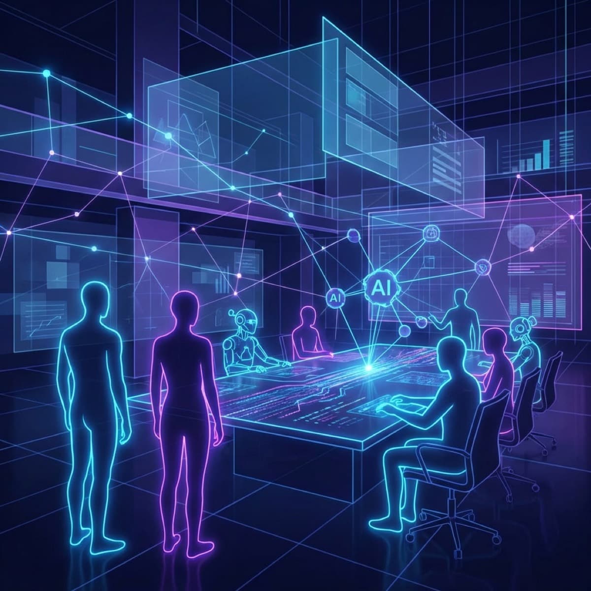 Digital AI teammates collaborating with humans in a corporate setting