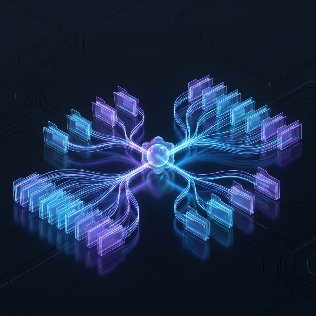 AI agent interface organizing files on a futuristic desktop