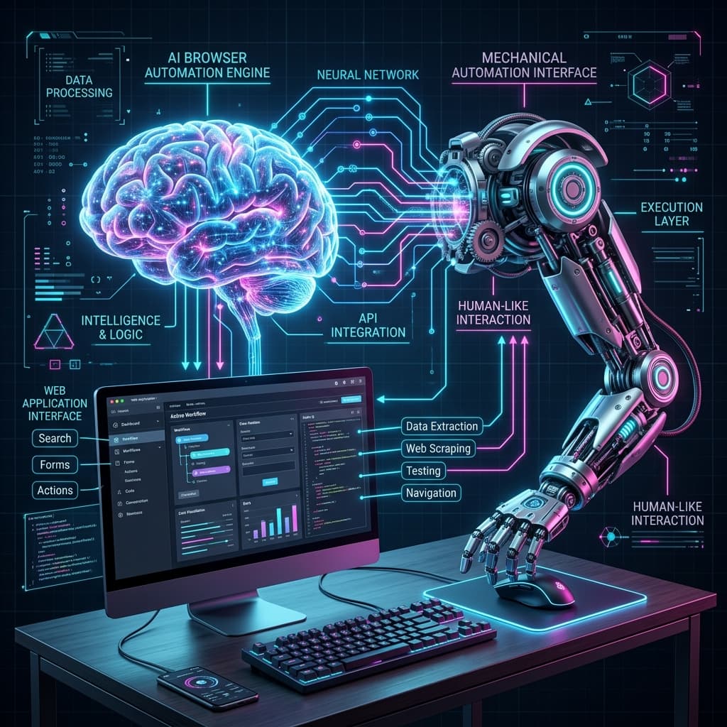 Diagram showing the observe-think-act loop of an AI browser agent processing a web page through screenshot analysis, DOM reading, and action execution