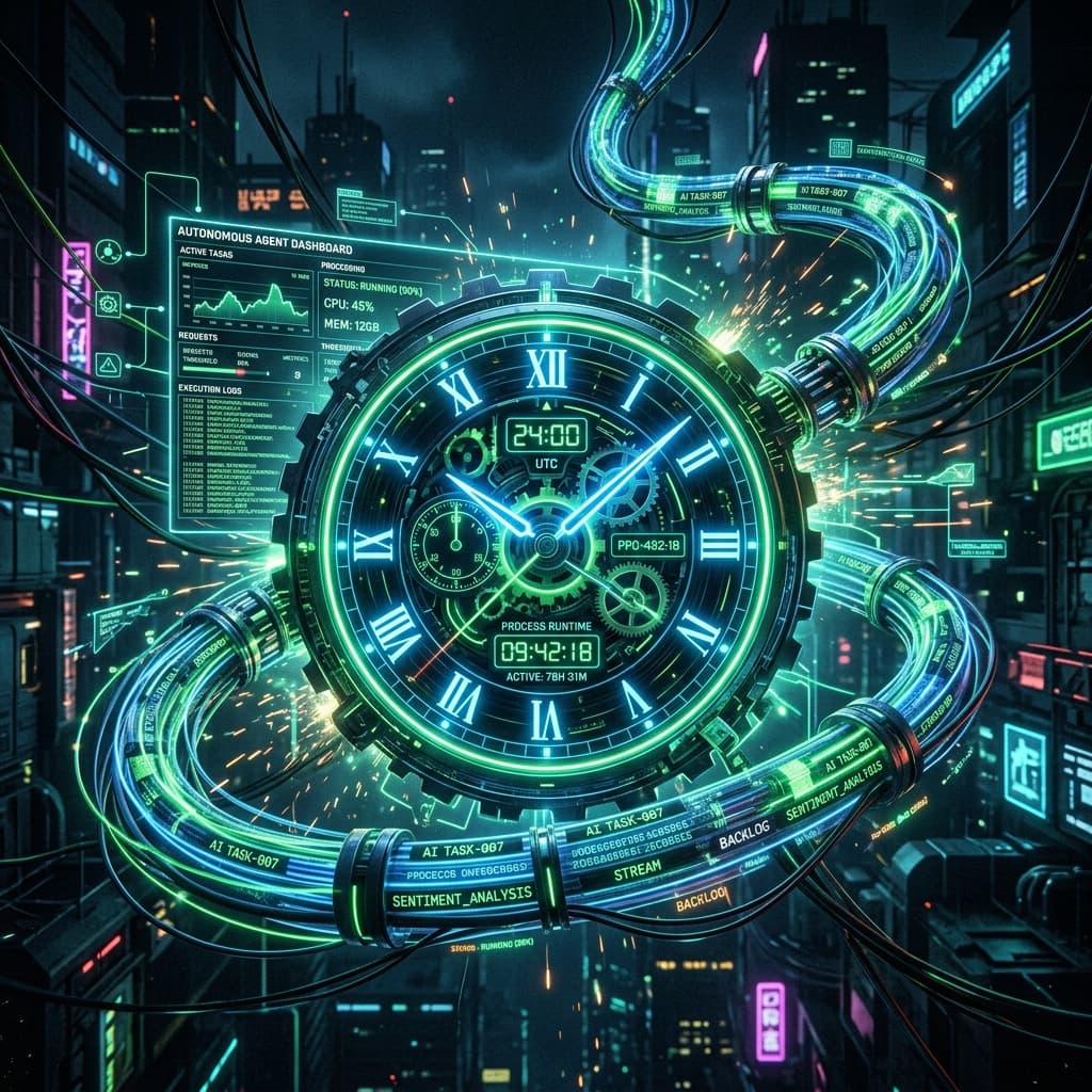 Futuristic timeline visualisation showing a browser agent maintaining state across multiple checkpoints during a complex multi-hour data extraction workflow