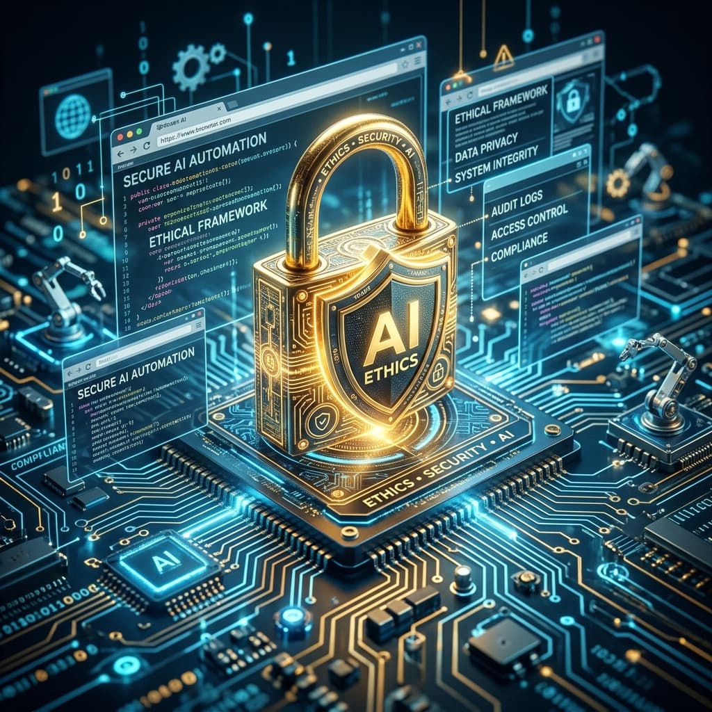 A glowing digital shield overlaying a browser window with security policy documents and rate-limiting visualisation graphs in a dark control room environment