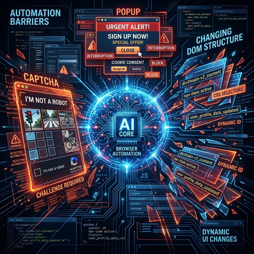 Three interconnected glass panels showing visualisations of anti-bot detection shields, morphing dynamic page layouts, and multi-factor authentication lock sequences