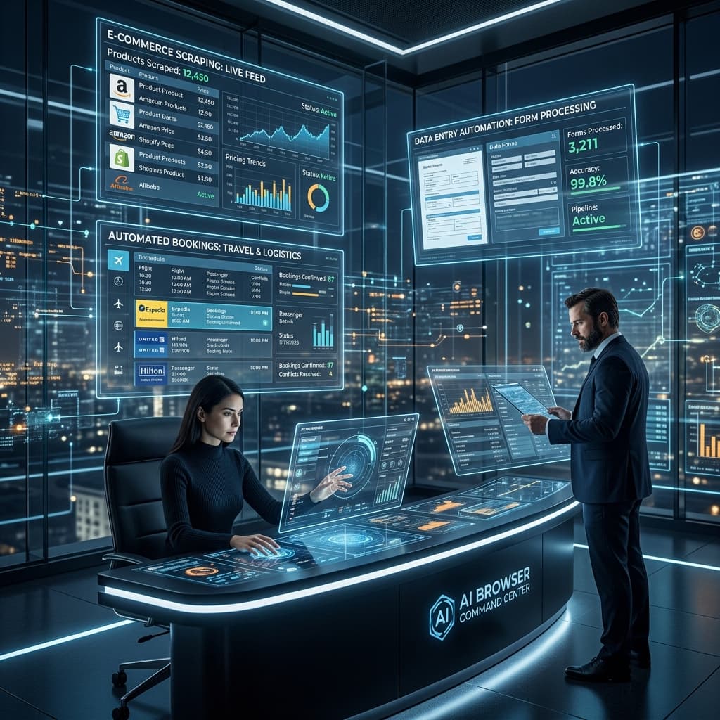 Split-panel visualisation showing four practical browser automation scenarios: CRM data entry, competitor price monitoring, job application form filling, and invoice processing