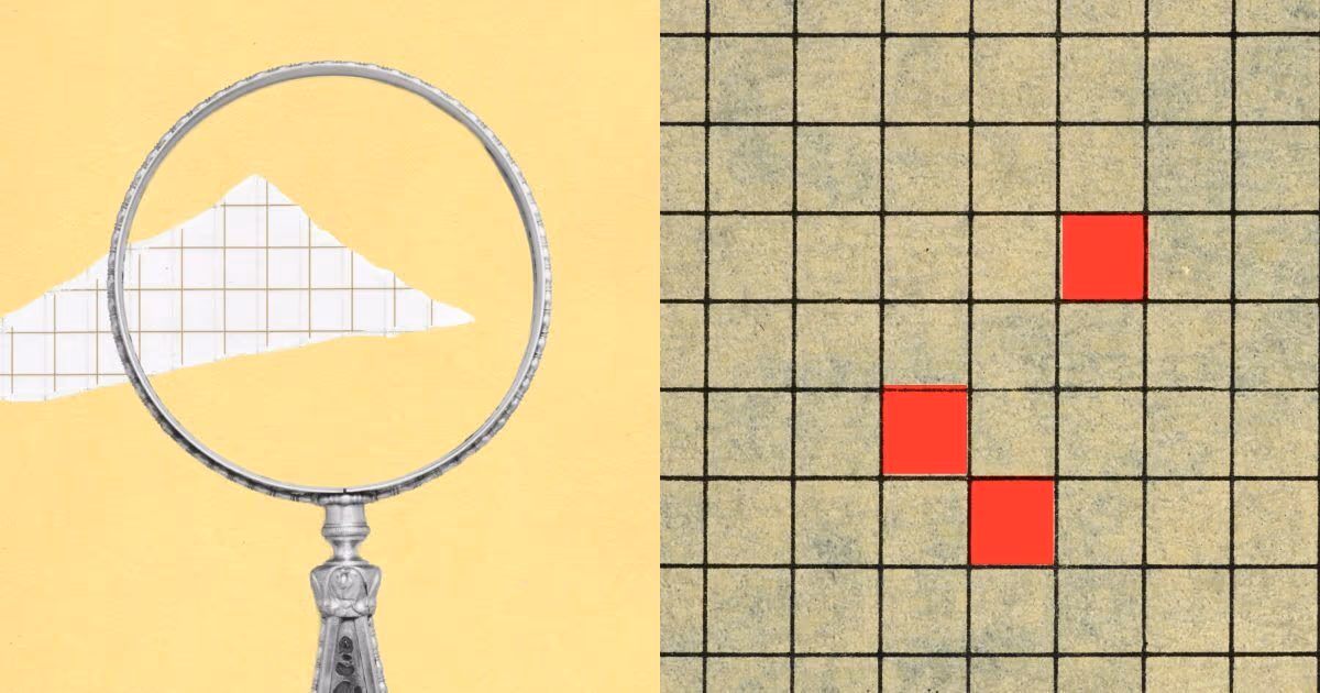 Editorial illustration of a magnifying glass over graph paper with a mountain-shaped cutout and three red squares marked on a grid, from Anthropic's official coverage of its AI safety reporting.