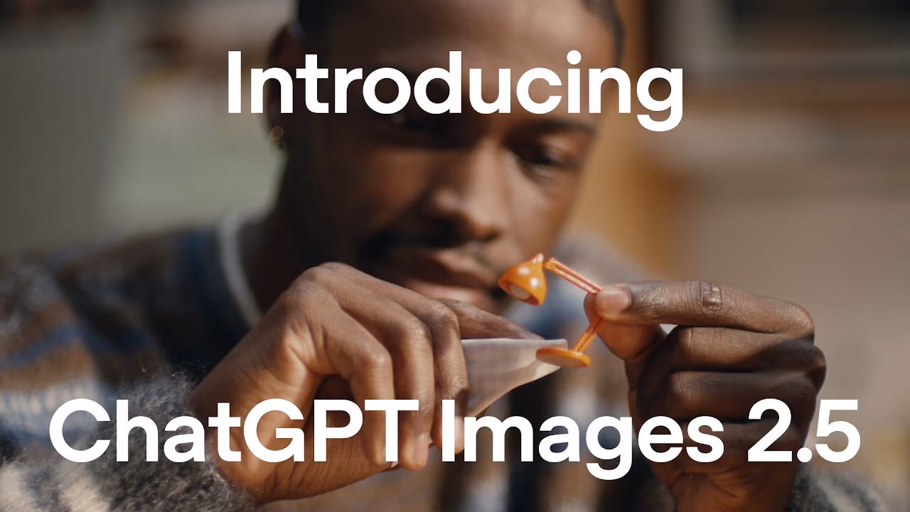Official OpenAI title card for 'Introducing ChatGPT Images 2.5', showing a man holding a small hand-folded orange paper lamp, illustrating the model's fine-detail image generation.