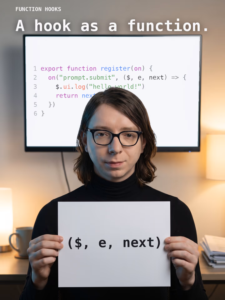 A demo thumbnail from the Claude Code Function Hooks proposal, showing a TypeScript register() function with a prompt.submit hook and the parameters ($, e, next).