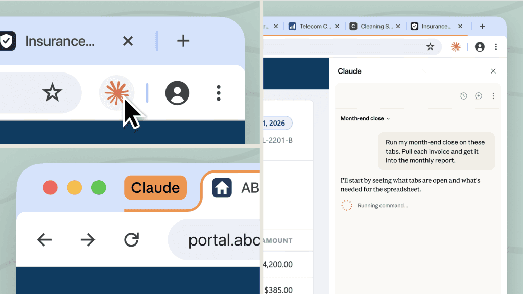 A cursor clicking the Claude icon in a browser toolbar, opening a Claude side panel next to an open tab, with a second screenshot showing the Claude window docked beside a browser address bar.