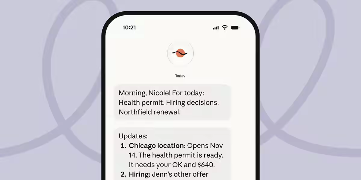 Anthropic's official Claude Duet artwork: a phone screen showing Duet's morning brief message listing health permit, hiring decisions and a renewal, on a lilac background.