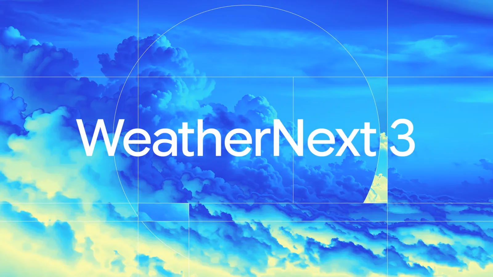 Google's official WeatherNext 3 title card, showing the WeatherNext 3 wordmark over a photo-real sky of blue and gold storm clouds.