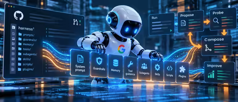 Techstrong.ai illustration for Google's Harness²: a robot in front of a folder tree of eight harness components (system prompt, guardrails, memory, tool guidance, subagents, skills, scripts, plugins) beside a Run, Propose, Probe, Compose, Improve loop.