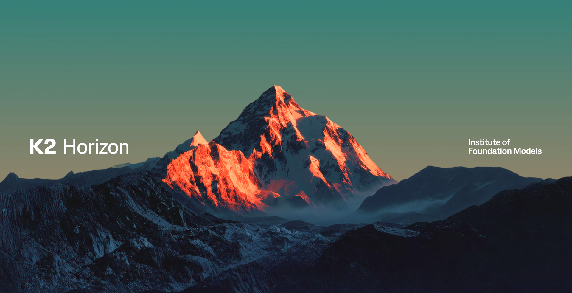 Official K2 Horizon launch banner from the Institute of Foundation Models, showing the K2 mountain peak lit red at sunrise against a green-gold sky, with the K2 Horizon wordmark.