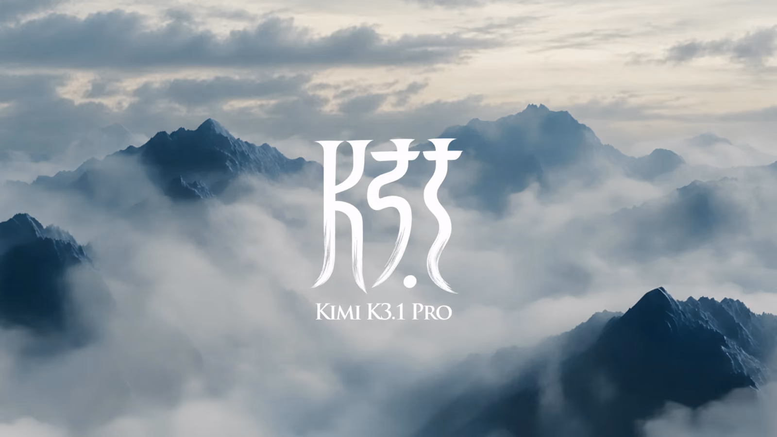 Official Moonshot AI cover graphic for Kimi K3.1 Pro, showing the K3.1 logotype over misty mountain peaks.