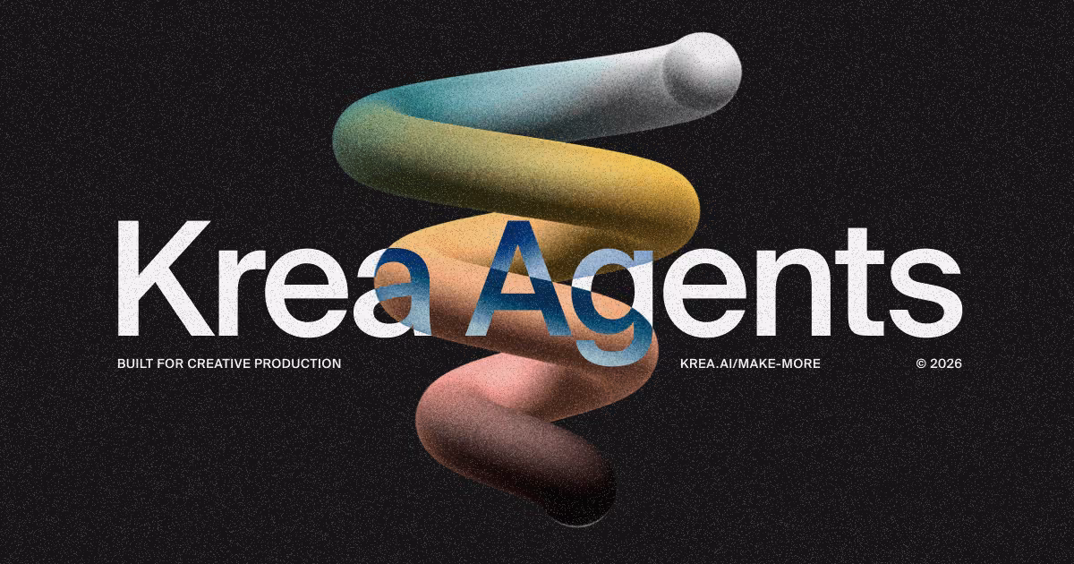 Krea's official launch card for Krea Agents, reading 'Built for creative production, krea.ai/make-more, 2026'.