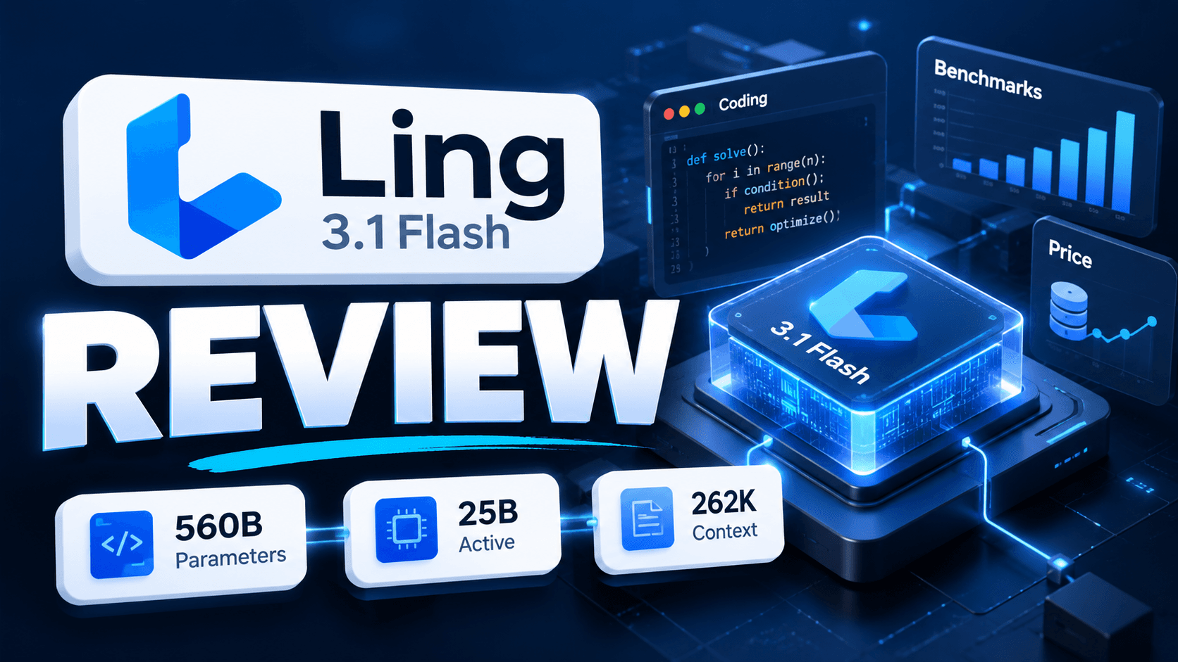 Ling 3.1 Flash review graphic showing the Ling logo with 560B parameters, 25B active and 262K context labels beside coding, benchmarks and price panels.