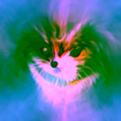 Feature visualisation image associated with neuron 4e:55 of InceptionV1, which the Goodfire essay calls a V-shape neuron, rendered as a furry animal face against a blue background.
