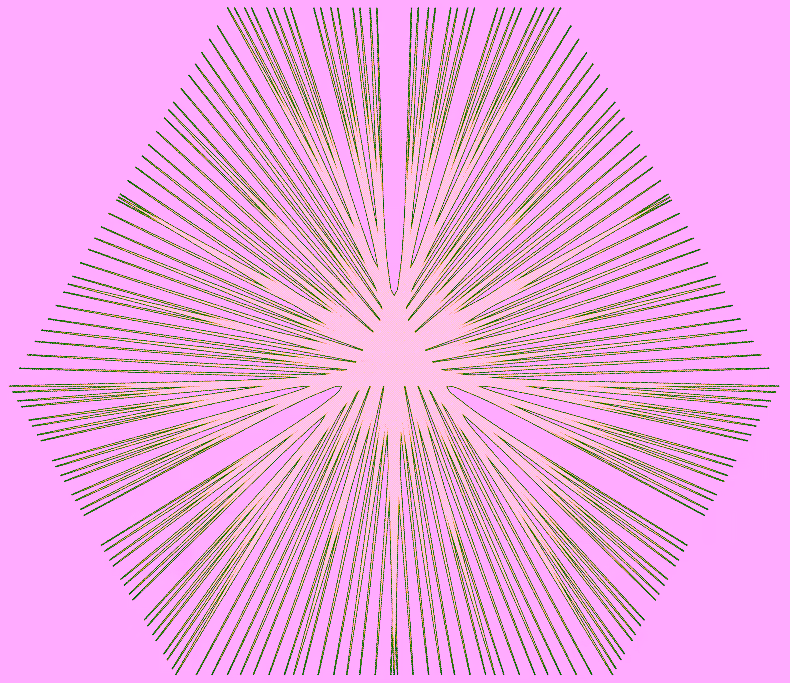Black line drawing of a Kakeya needle set built from many thin needles radiating from a central point, shaded yellow, inside a hexagonal outline.