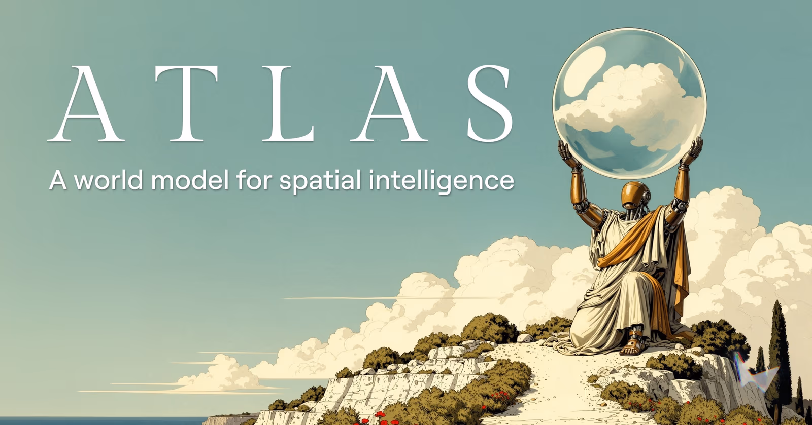 World Labs' official Atlas launch artwork: a robotic Atlas figure holding a glass sphere containing clouds, above the tagline 'A world model for spatial intelligence'.