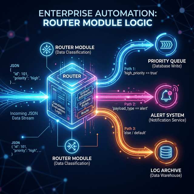 Diagram illustrating how a Router module splits data based on conditions
