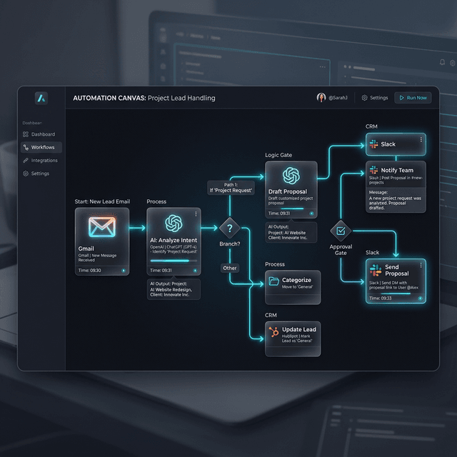 Concept UI of the Make.com visual canvas showing a branching AI workflow