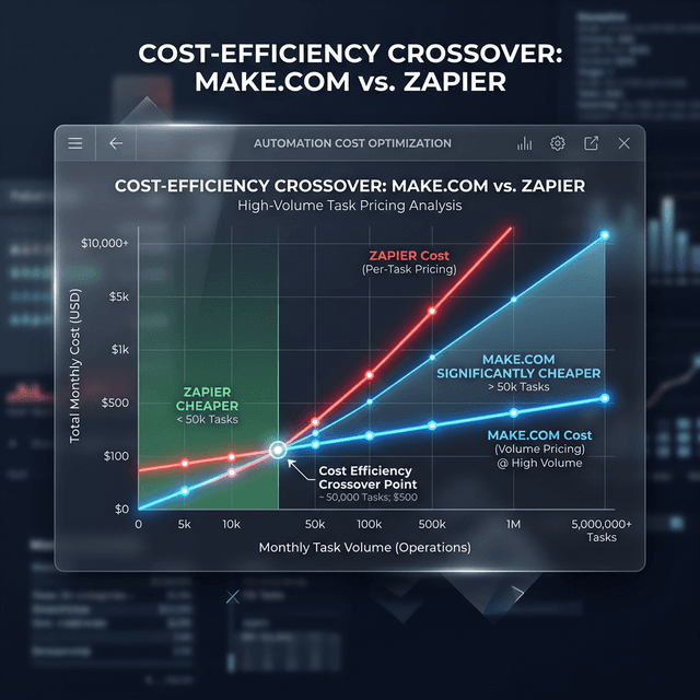 Cost efficiency chart showing Make.com scaling better than Zapier at high volumes