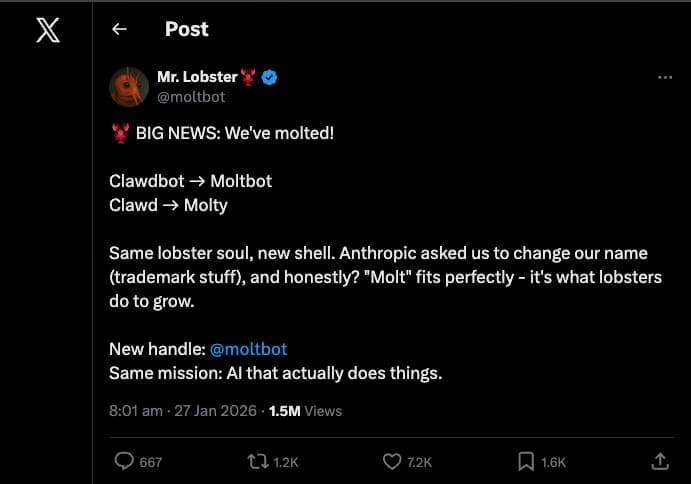 Moltbot Rebrand Announcement Tweet