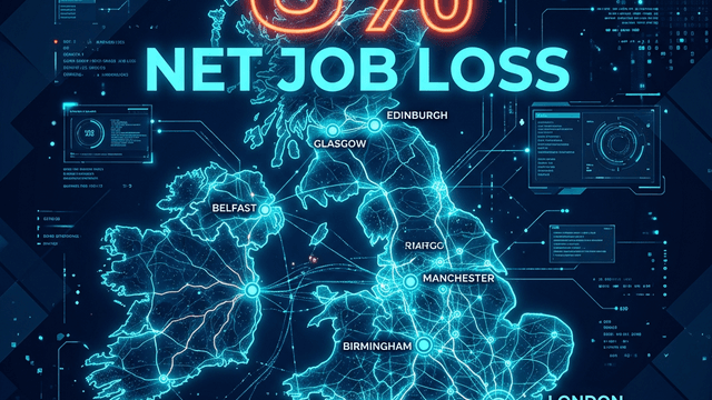 UK map showing 8% net job loss statistic