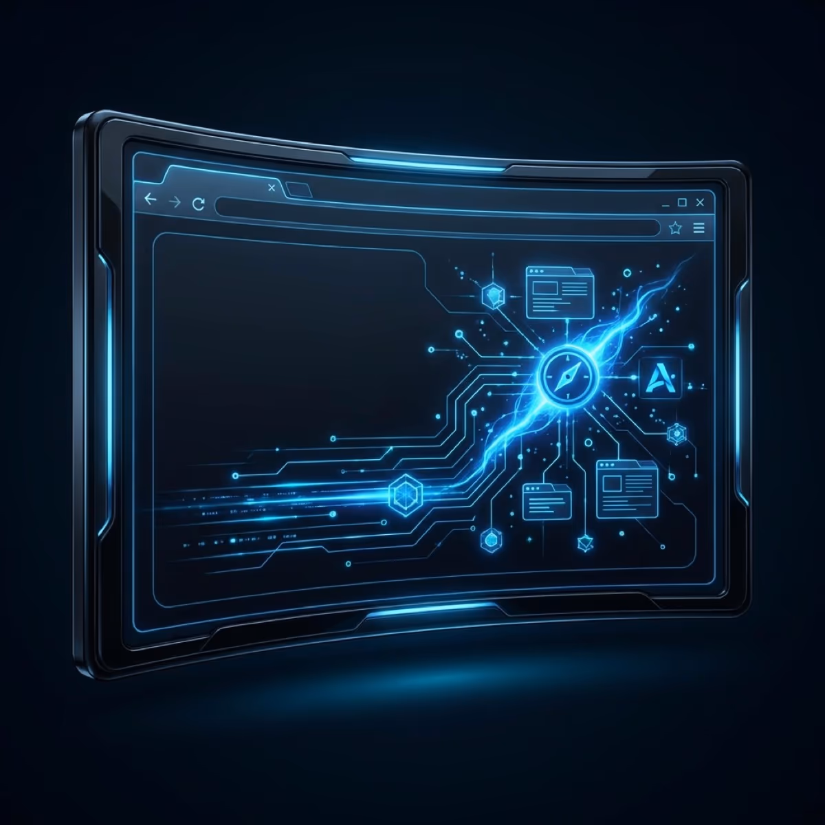 Futuristic browser interface with autopilot mode active