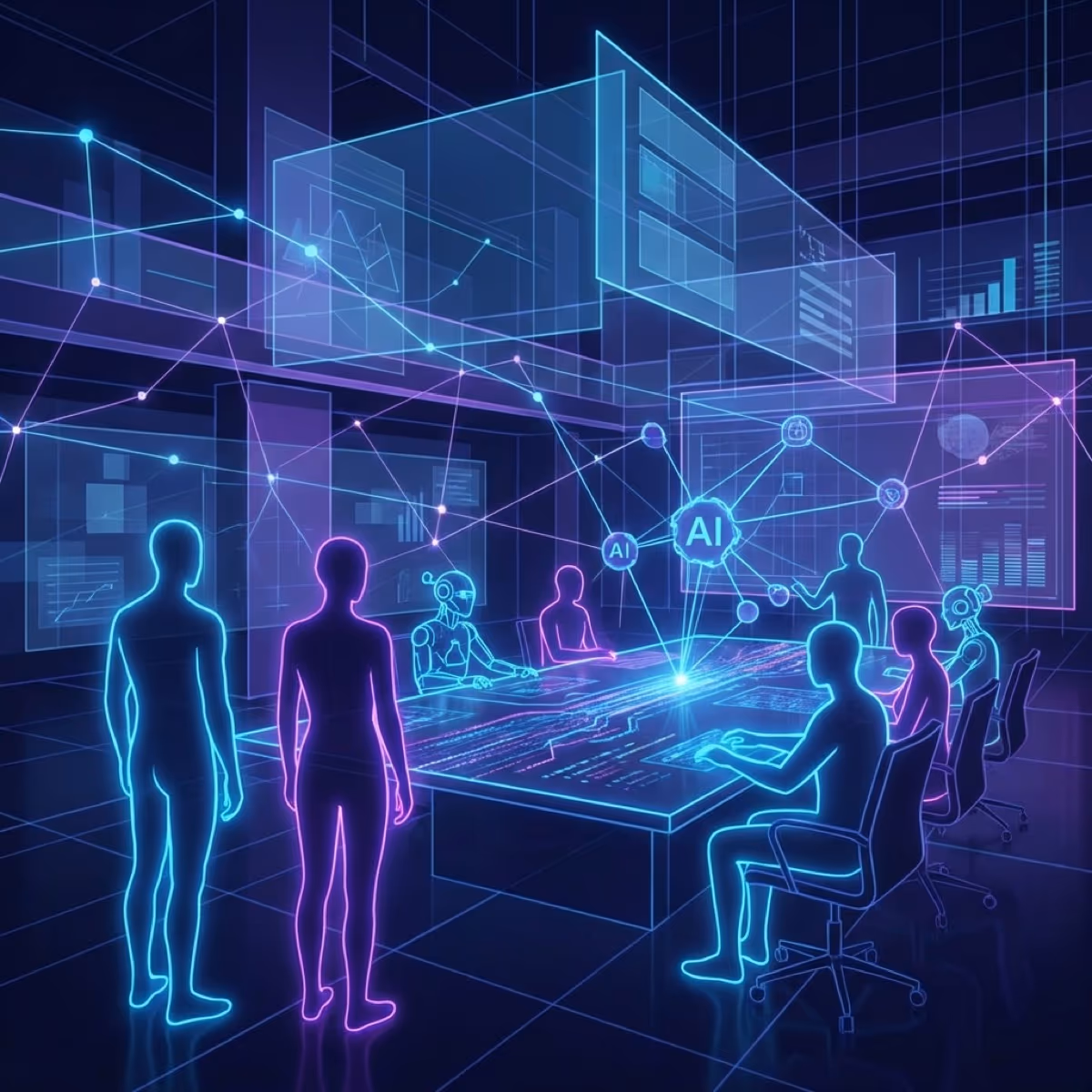 Digital AI teammates collaborating with humans in a corporate setting