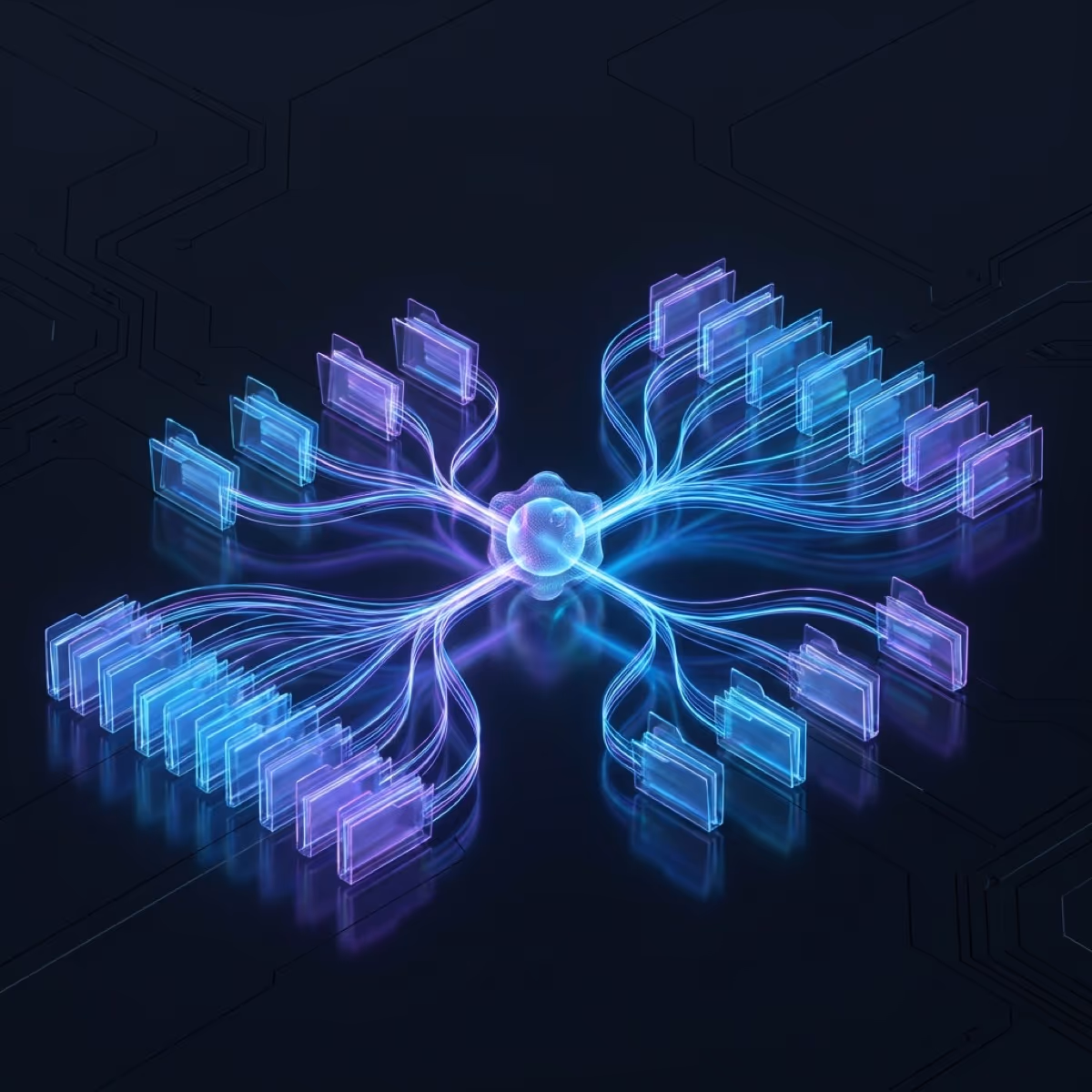 AI agent interface organizing files on a futuristic desktop