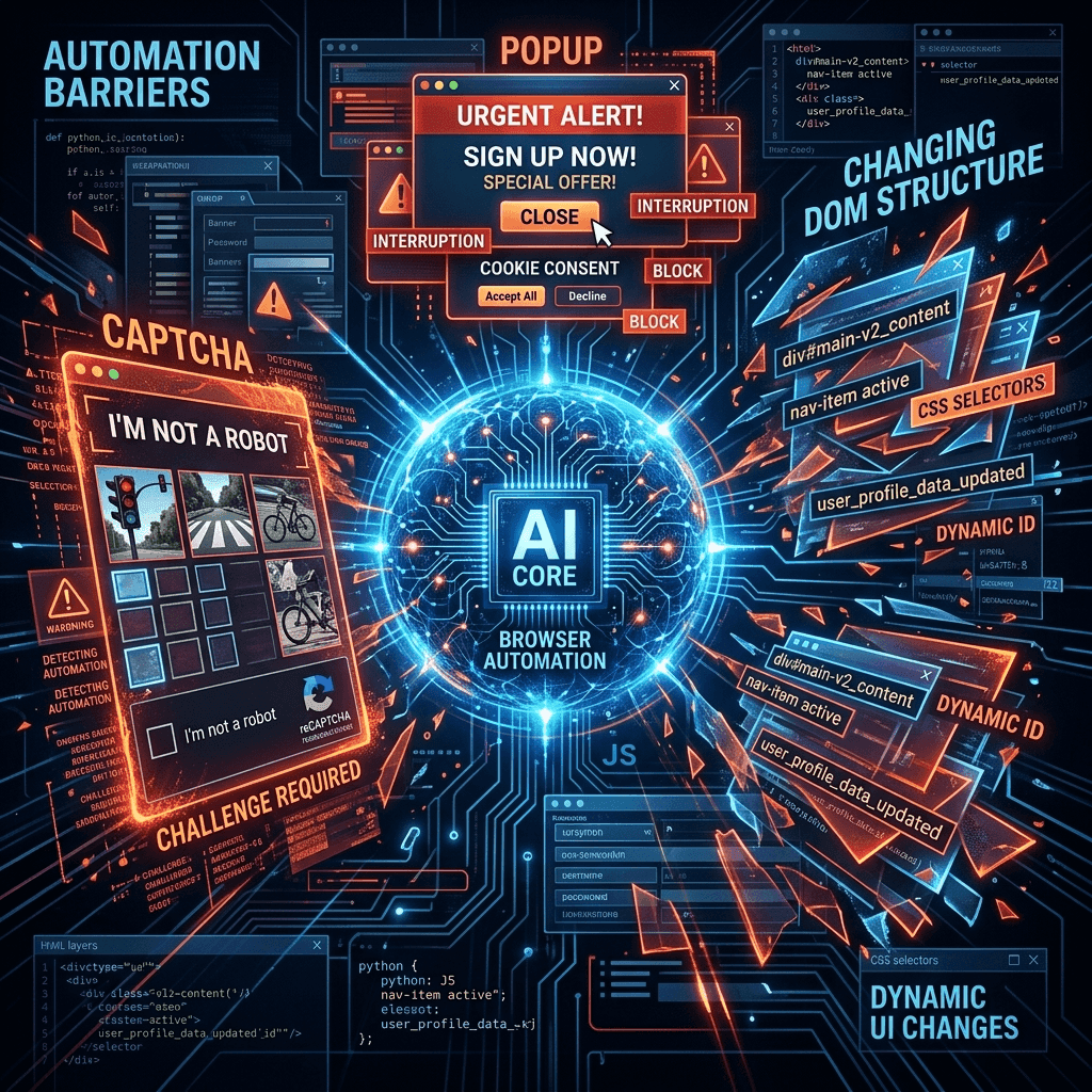 Three interconnected glass panels showing visualisations of anti-bot detection shields, morphing dynamic page layouts, and multi-factor authentication lock sequences