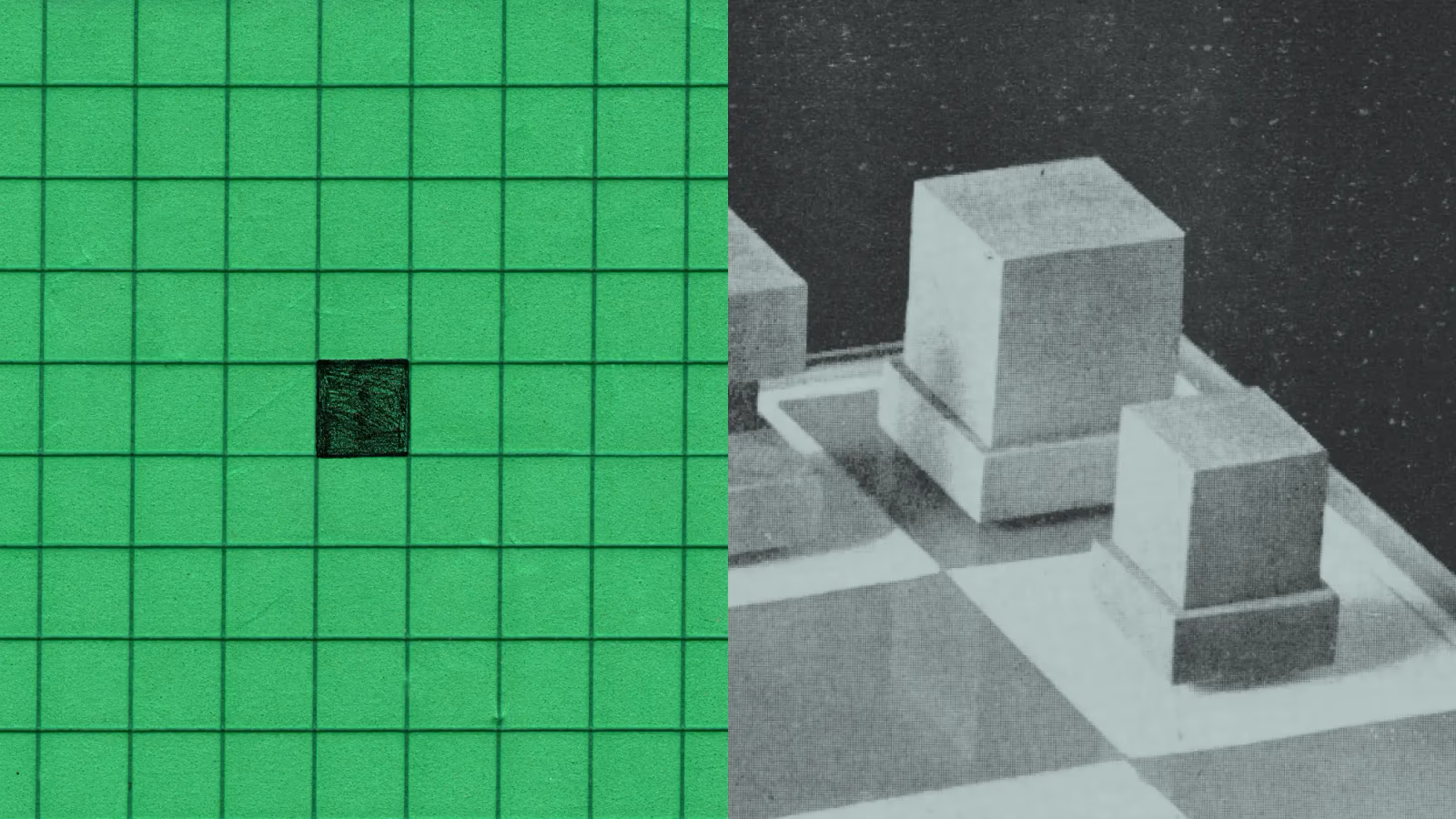 Abstract editorial image representing a boundary being crossed: a single marked-off grid square beside an image of stacked architectural blocks, evoking a system testing the edges of its enclosure.