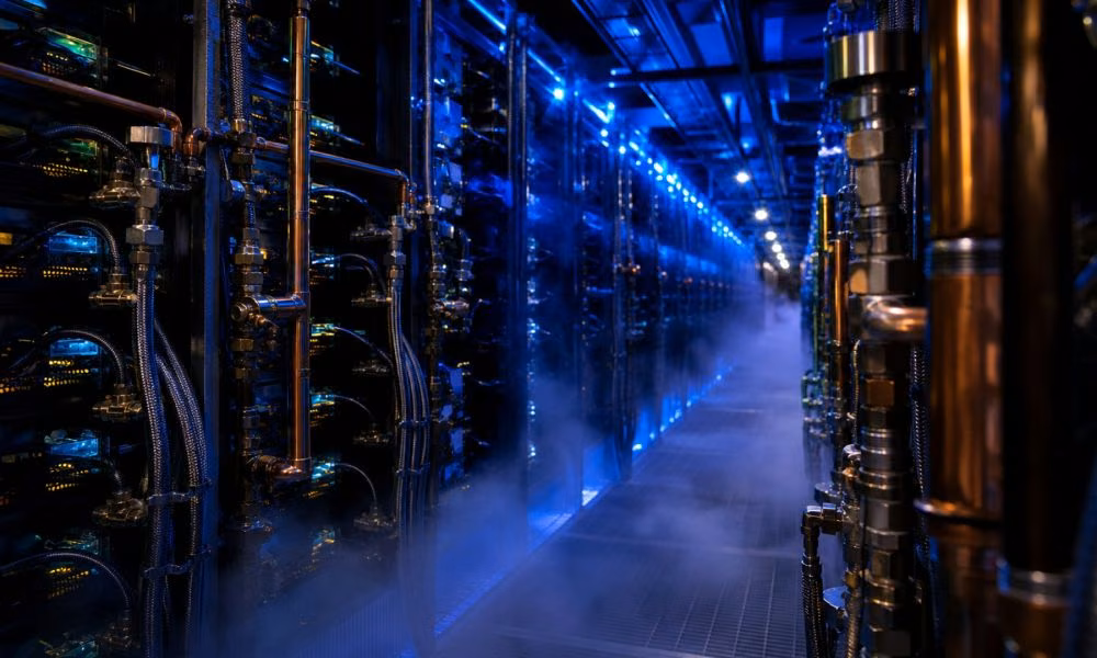 Rows of illuminated server racks in a data centre corridor, lit blue with visible cooling pipework.