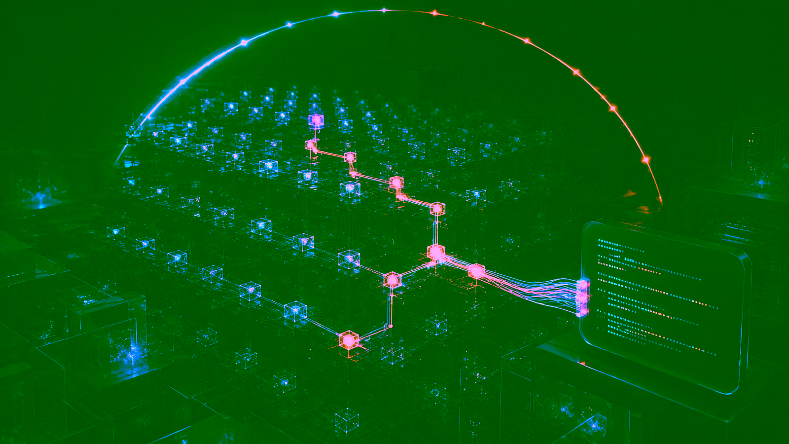 Sparse neural network with a small amber route activated through many blue compute nodes, beneath a blue-to-orange time arc.