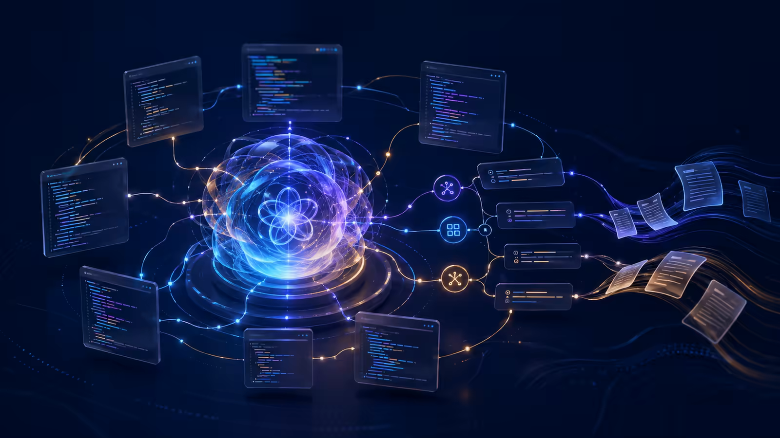Abstract coding agent coordinating luminous code modules and task pathways.