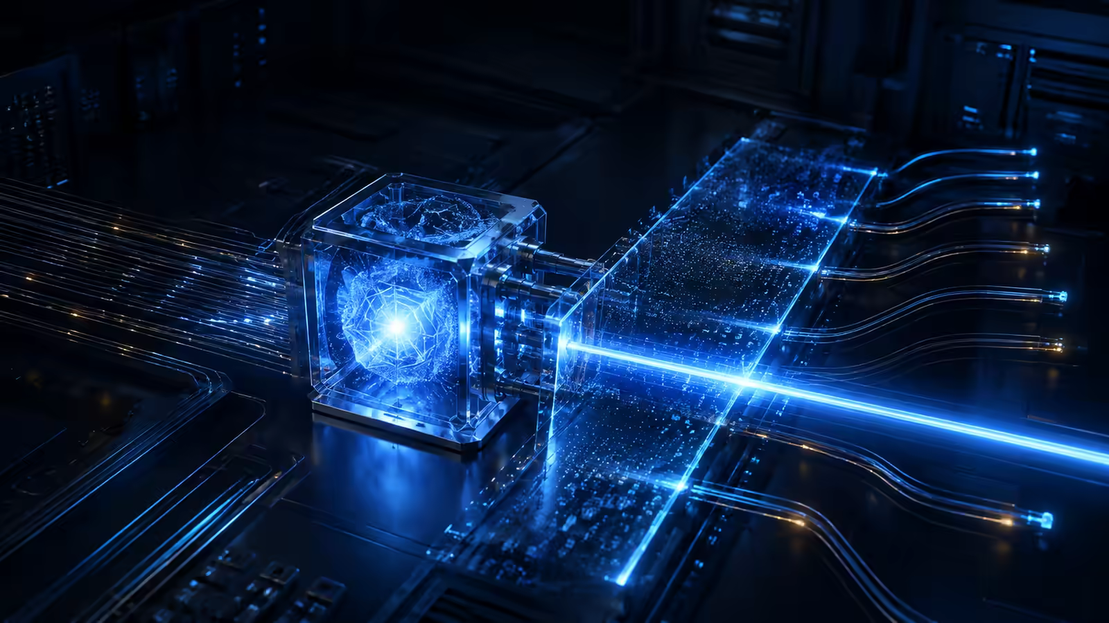 Abstract AI inference core directing blue signal paths through a transparent accelerator plane
