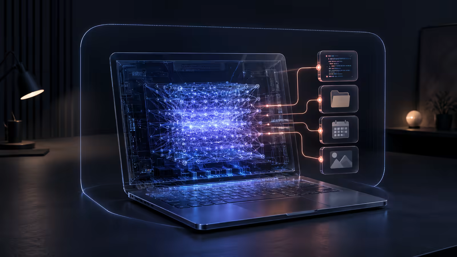 Transparent personal computer enclosing a glowing neural network, connected to code, files, calendar and image tools.