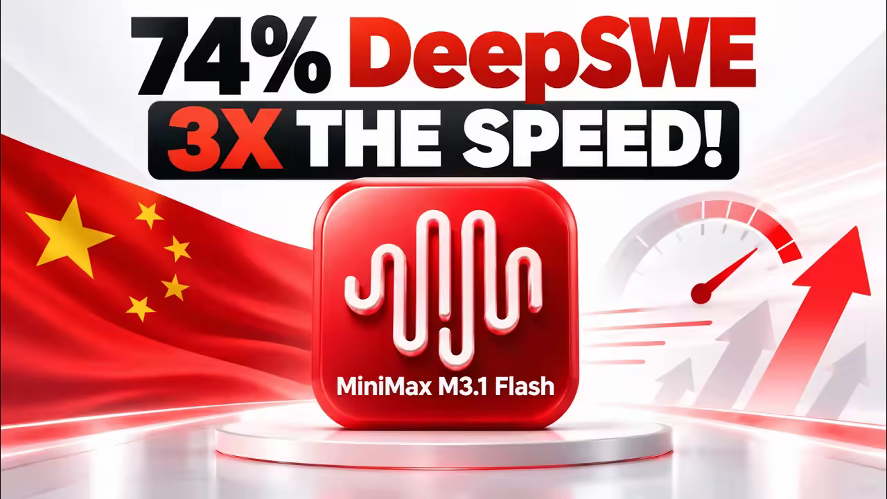 Video thumbnail from Julian Goldie's coverage of MiniMax M3.1 Flash hitting 74% on DeepSWE.