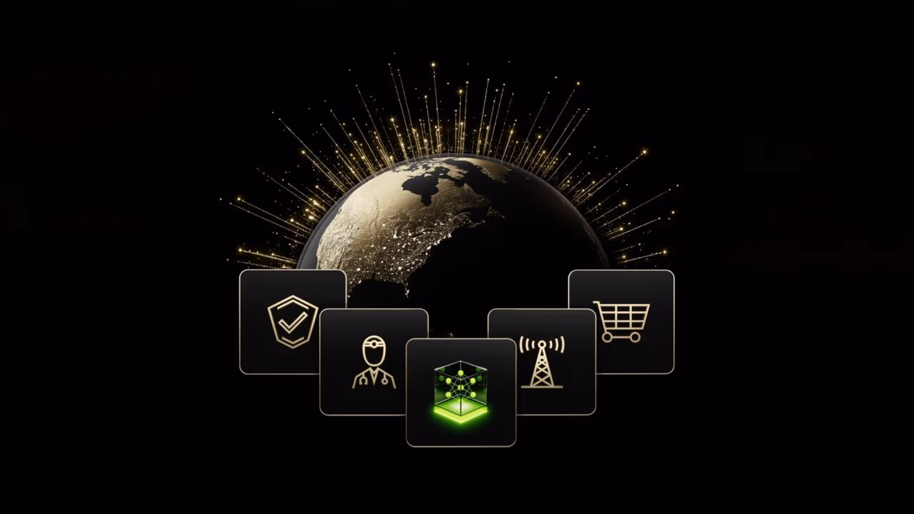 Dark NVIDIA marketing graphic showing a globe encircled by golden light trails, with icons for security, healthcare, agentic AI, telecoms and retail representing industries served by agentic AI models.