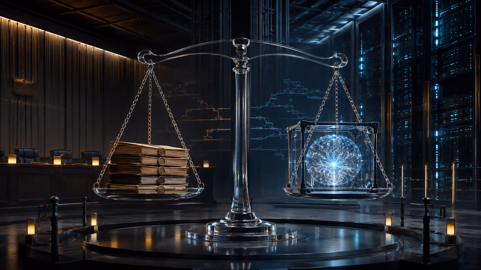 A transparent balance scale weighing sealed legal files against a contained glowing neural core in a data-centre setting.