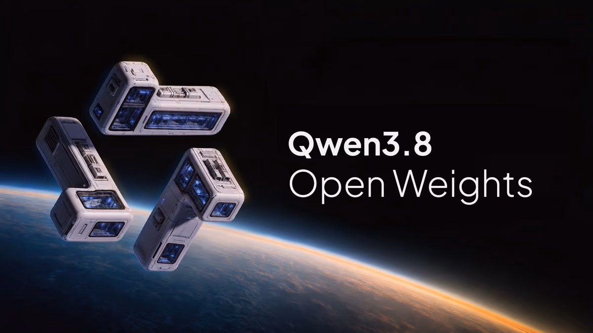Official Alibaba Qwen3.8 Open Weights promotional graphic showing three angular satellite-like modules above Earth's curved horizon, with the text 'Qwen3.8 Open Weights'.