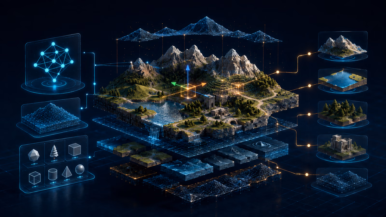 An exploded modular 3D landscape with terrain, water, trees and buildings connected to unlabelled planning and asset panels.