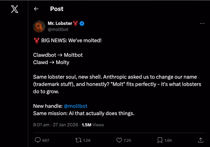 Moltbot Rebrand Announcement Tweet