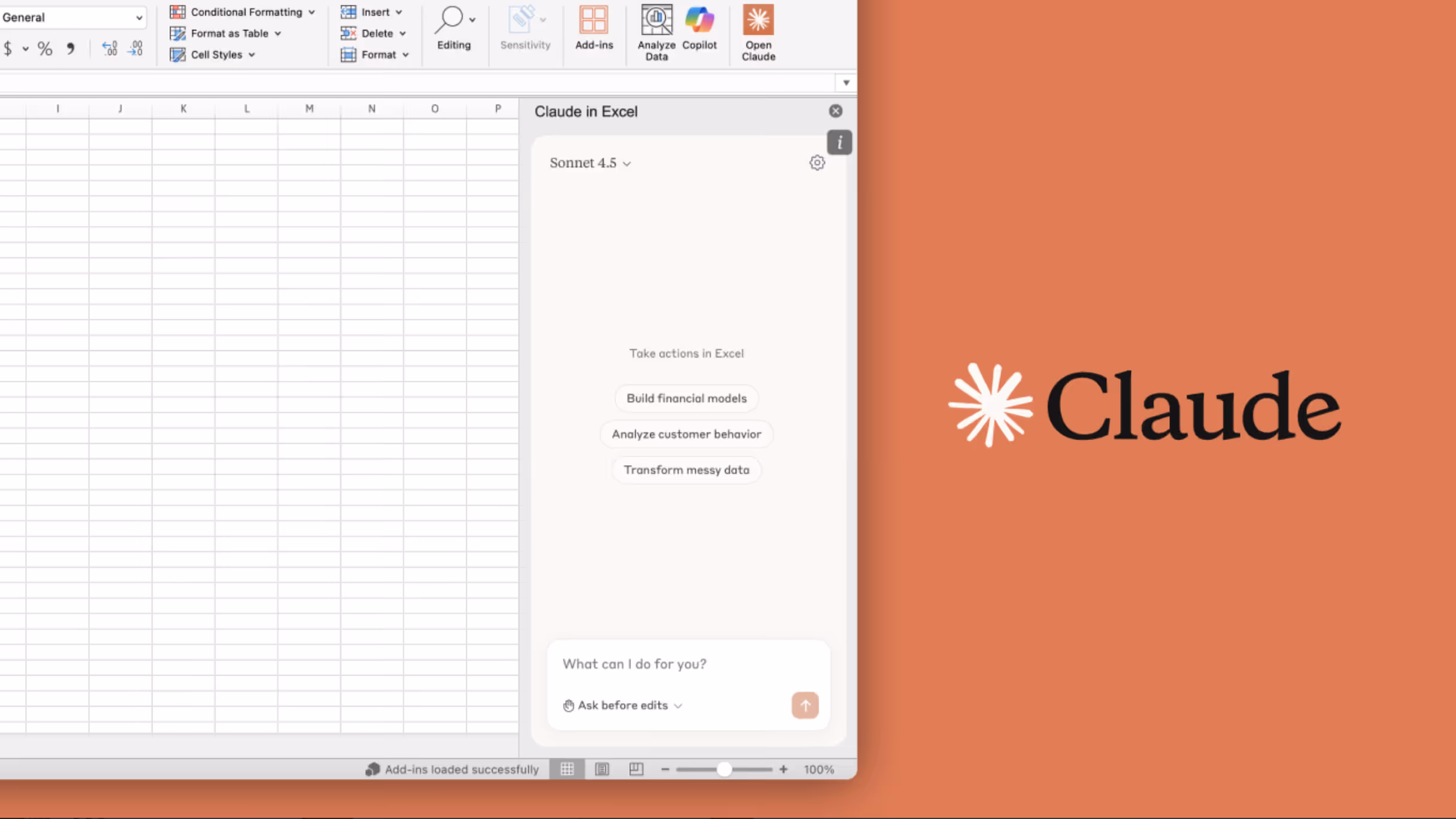 Claude for Excel Interface