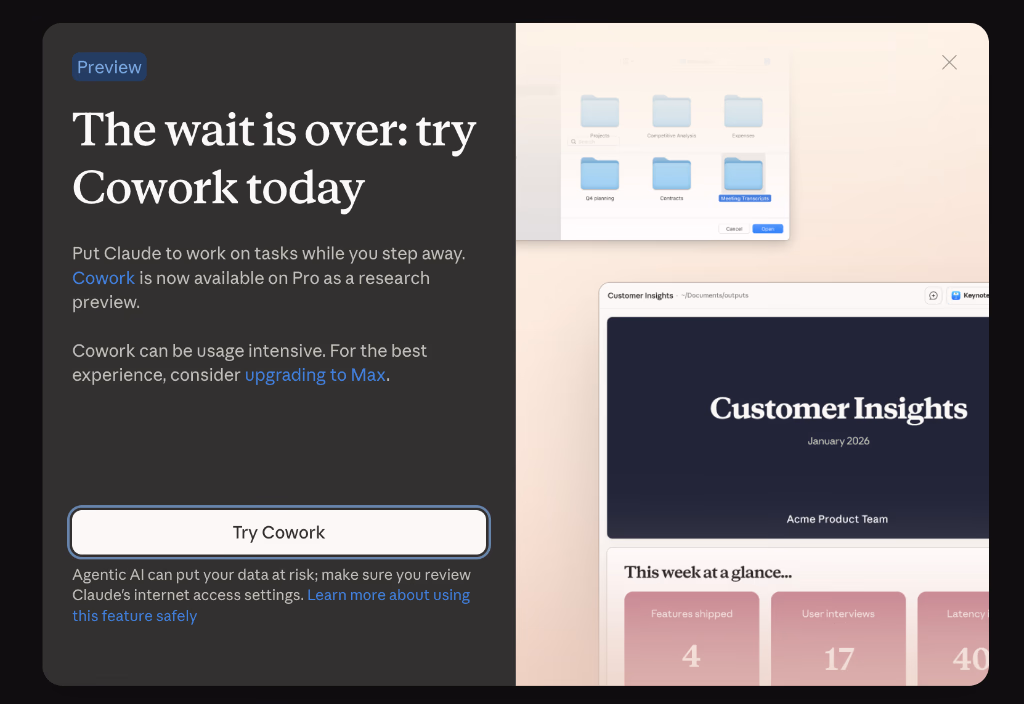 Claude Cowork Pro preview announcement showing the interface is now available on Pro as a research preview