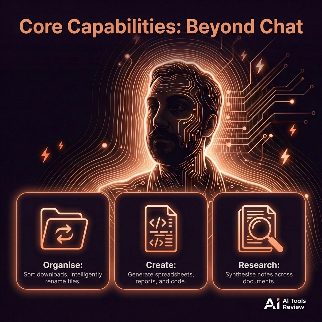 Infographic detailing Claude Cowork's core capabilities: File Management, Document Creation, and Research