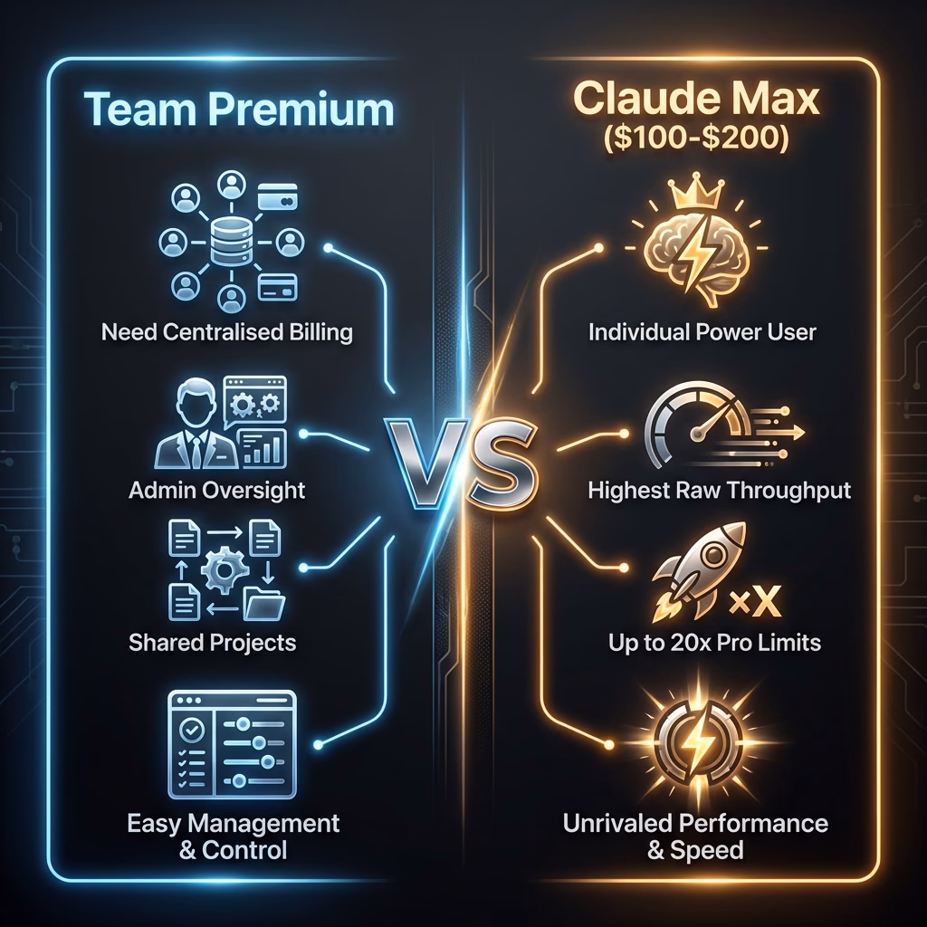 Final Verdict: Comparison between Team Premium (Billing, Oversight, Collab) vs Claude Max (Power User, Throughput, Limits)