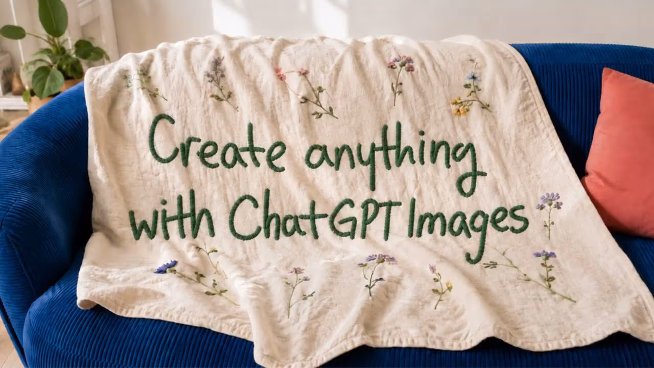 Official OpenAI promotional still reading 'Create anything with ChatGPT Images', shown on an embroidered blanket, from the Sketch feature announcement video for ChatGPT Images 2.5.