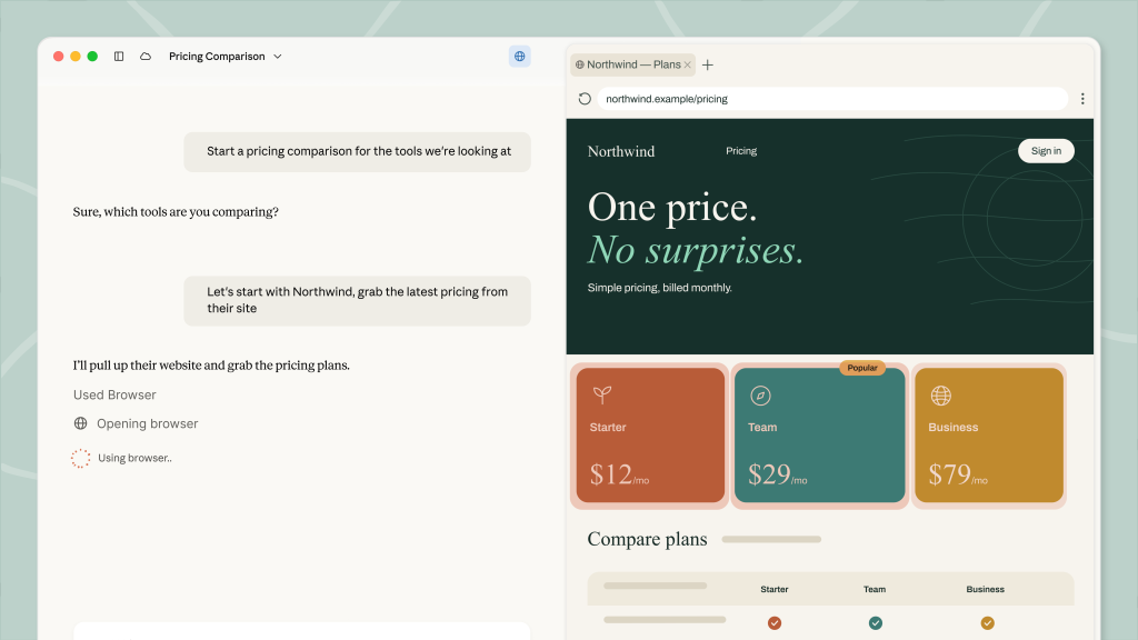 Claude Cowork's side-panel browser open next to a chat pane, showing Claude navigating to a fictional company's pricing page and reading its plan comparison table after being asked to start a pricing comparison.