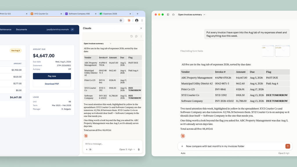 Split-screen screenshot of Claude working through the Chrome extension: four browser tabs for different vendor invoice portals on the left, and a Claude side panel on the right showing it compiling a table of invoice amounts, due dates and flags for a monthly expense report.