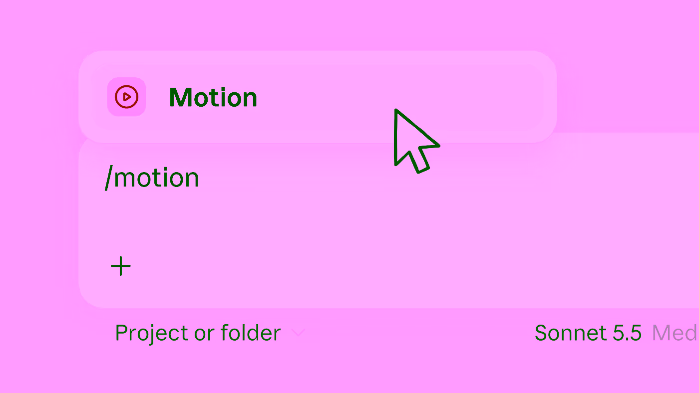 The /motion command in the Claude message box, with a Motion option highlighted